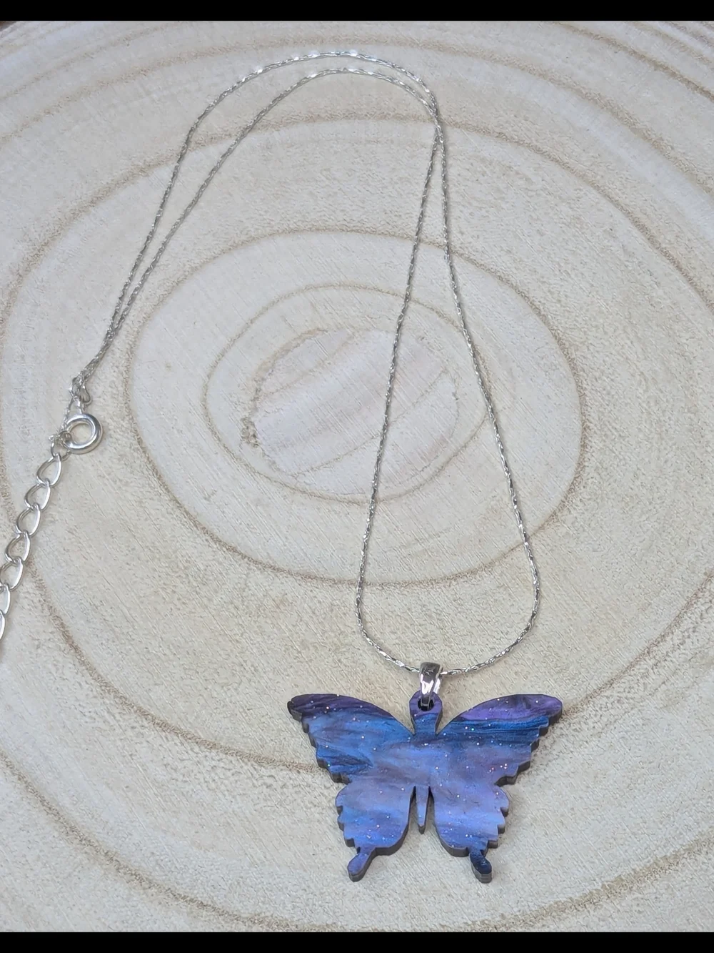 Blue Lavender Butterfly Necklace Reversible Pendant Silver Chain 16.5” + 2 